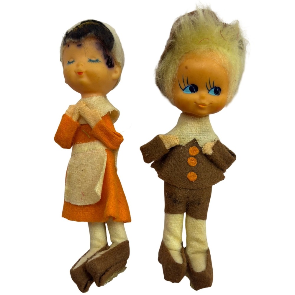 Vintage Pilgrim Dolls Set of 2 Thanksgiving Boy Girl Made in Japan Felt 6 Inch